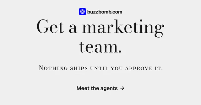 Social ad for BuzzBomb: "Get a marketing team." Minimal luxury style, smallcaps layout, light palette in white, grey.