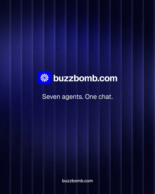 Instagram portrait post for BuzzBomb: "Seven agents. One chat." Agentic glass style, end card layout, dark palette in black, blue.
