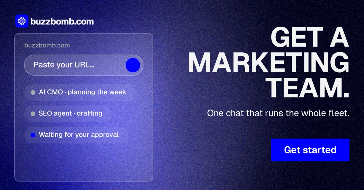Social ad for BuzzBomb: "Get a marketing team." Swiss style, right layout, dark palette in blue.