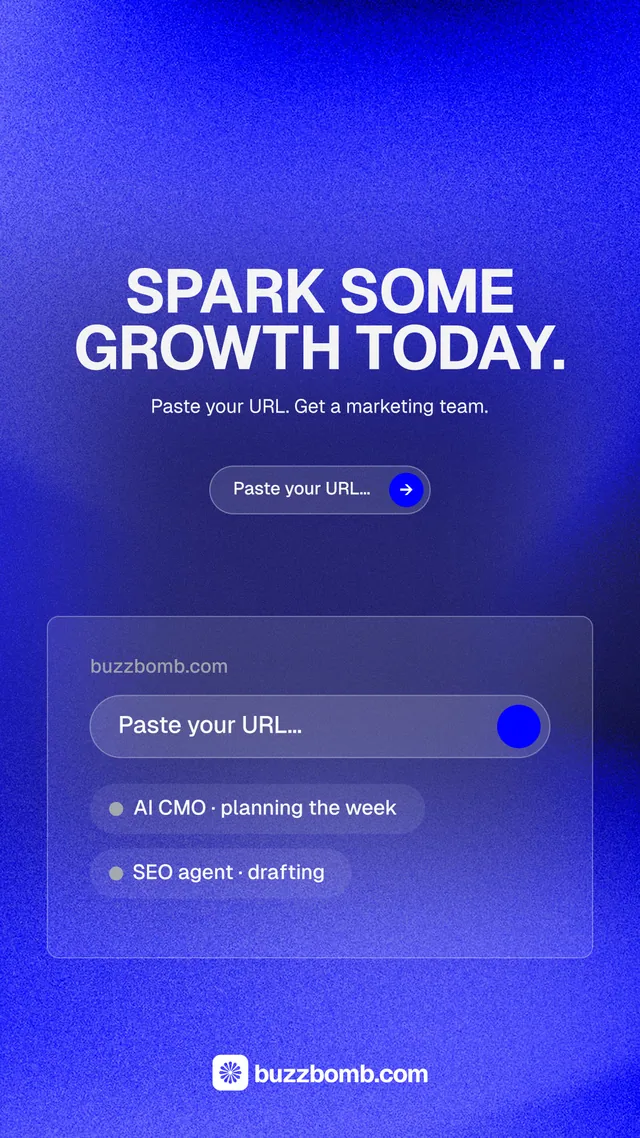 Instagram story for BuzzBomb: "Spark some growth today." Agentic glass style, centred layout, dark palette in blue.