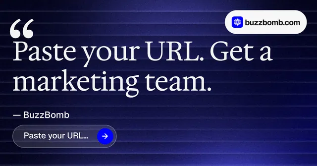 Social ad for BuzzBomb: "Seven agents. One chat." Agentic glass style, quote layout, dark palette in blue, black, grey.