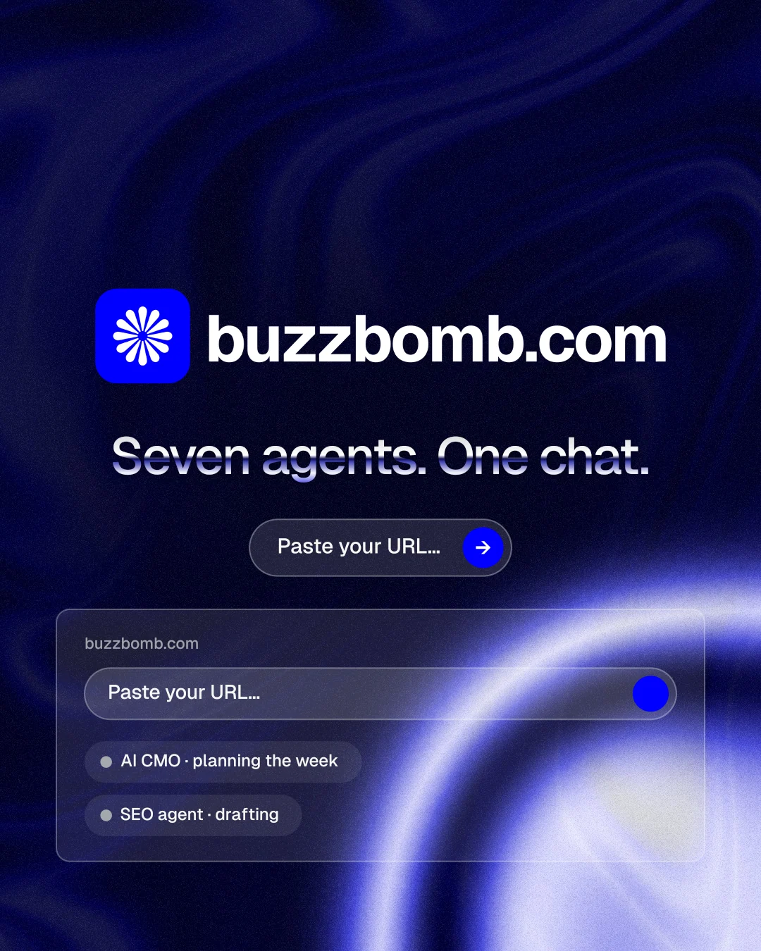 Instagram portrait post for BuzzBomb: "Seven agents. One chat." Agentic glass style, logo hero layout, dark palette in black, blue.