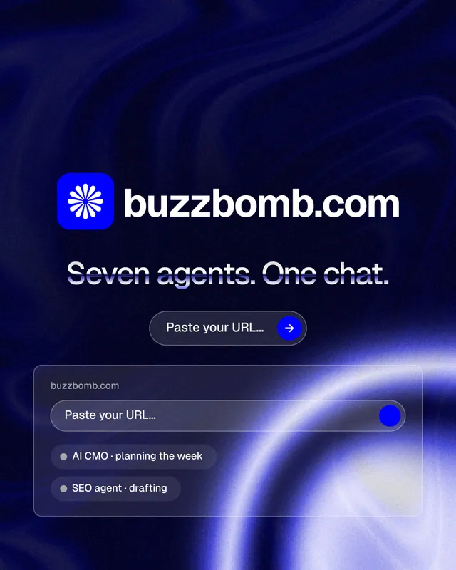 Instagram portrait post for BuzzBomb: "Seven agents. One chat." Agentic glass style, logo hero layout, dark palette in black, blue.
