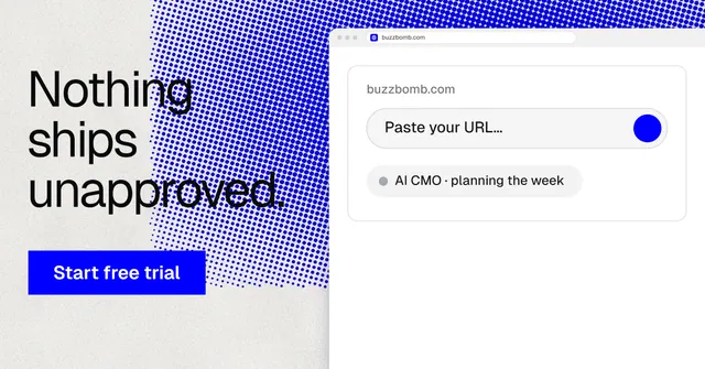 Social ad for BuzzBomb: "Nothing ships unapproved." Swiss style, browser layout, light palette in white, blue.