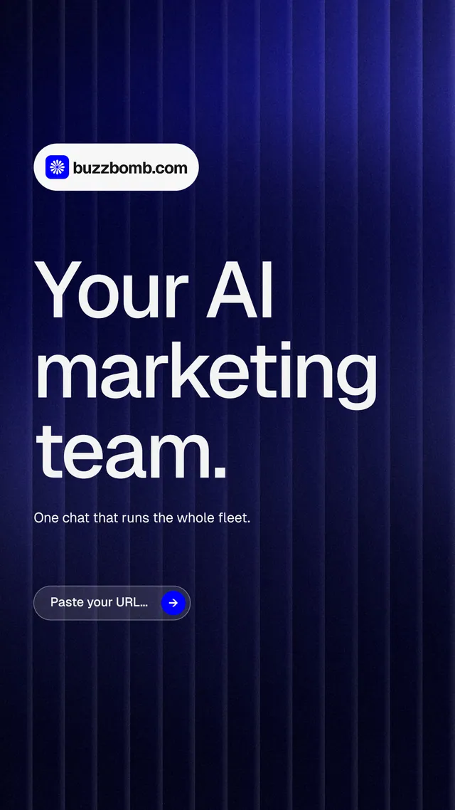 Instagram story for BuzzBomb: "Your AI marketing team." Agentic glass style, announce layout, dark palette in black, blue, grey.