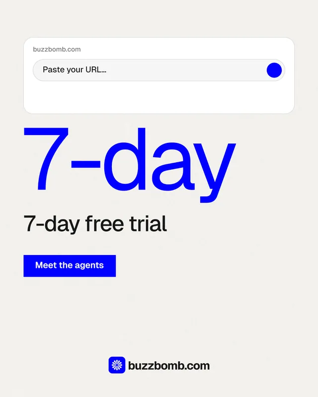 Instagram portrait post for BuzzBomb: "Spark some growth today." Swiss style, stat layout, light palette in white, blue.