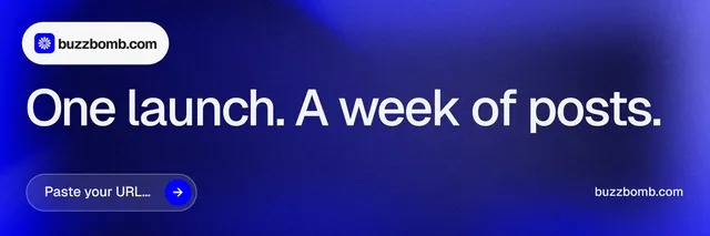 X header for BuzzBomb: "One launch. A week of posts." Agentic glass style, poster layout, dark palette in blue.