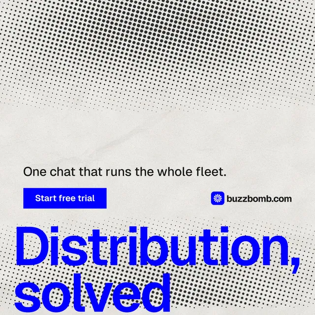 Instagram post for BuzzBomb: "Get a marketing team." Swiss style, oversized layout, light palette in grey, white, blue.