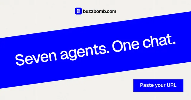 Social ad for BuzzBomb: "Seven agents. One chat." Swiss style, diagonal layout, light palette in blue, white.