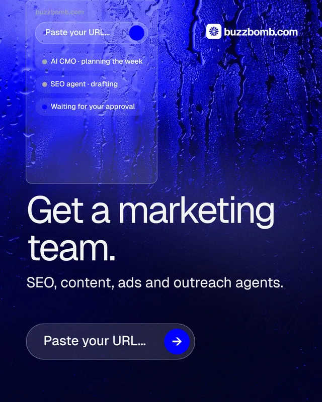 Instagram portrait post for BuzzBomb: "Get a marketing team." Agentic glass style, skeleton layout, dark palette in black, blue.