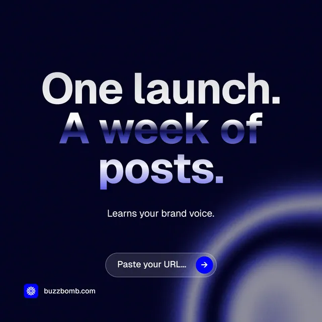 Instagram post for BuzzBomb: "One launch. A week of posts." Agentic glass style, centred layout, dark palette in black, blue.