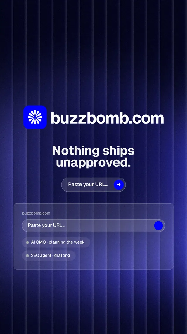 Instagram story for BuzzBomb: "Nothing ships unapproved." Agentic glass style, logo hero layout, dark palette in black, blue.