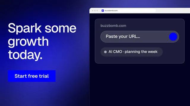 Landscape graphic for BuzzBomb: "Spark some growth today." Swiss style, browser layout, dark palette in black, blue.