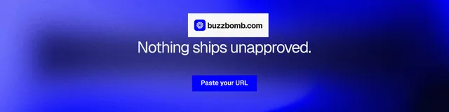 LinkedIn banner for BuzzBomb: "Nothing ships unapproved." Swiss style, centred layout, dark palette in blue.