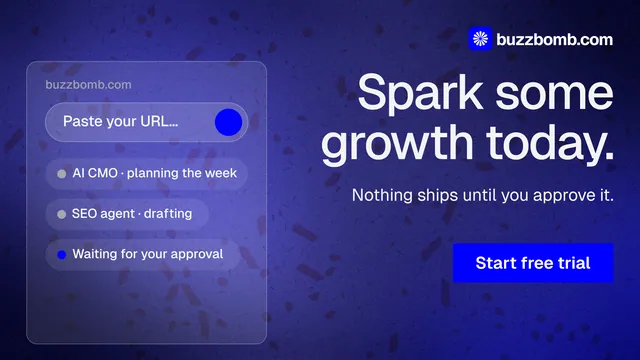 Landscape graphic for BuzzBomb: "Spark some growth today." Swiss style, right layout, dark palette in blue.