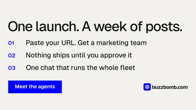 Landscape graphic for BuzzBomb: "One launch. A week of posts." Swiss style, numbered layout, light palette in white, grey.