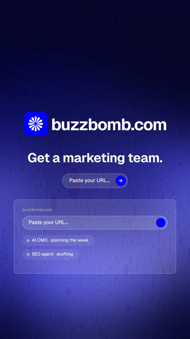 Instagram story for BuzzBomb: "Get a marketing team." Agentic glass style, logo hero layout, dark palette in black, blue.