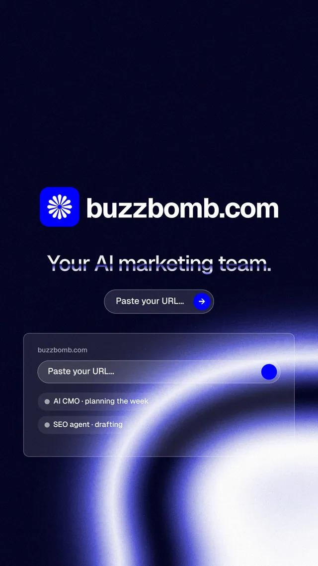Instagram story for BuzzBomb: "Your AI marketing team." Agentic glass style, logo hero layout, dark palette in black, blue.