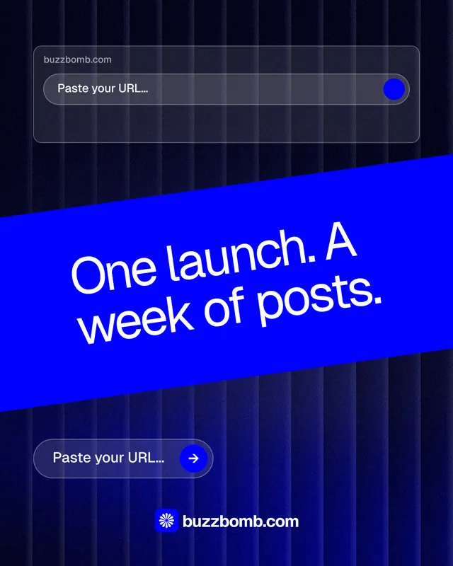 Instagram portrait post for BuzzBomb: "One launch. A week of posts." Agentic glass style, diagonal layout, dark palette in blue.