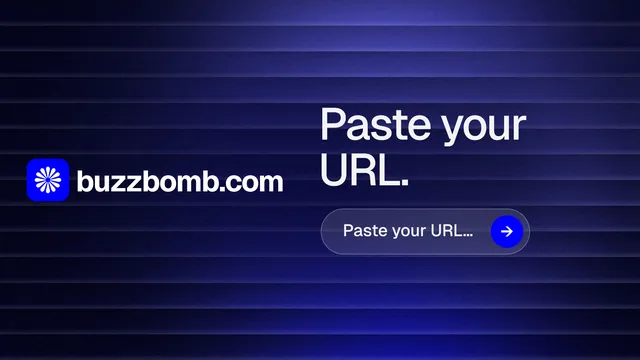 Landscape graphic for BuzzBomb: "Paste your URL." Agentic glass style, logo hero layout, dark palette in black, blue.