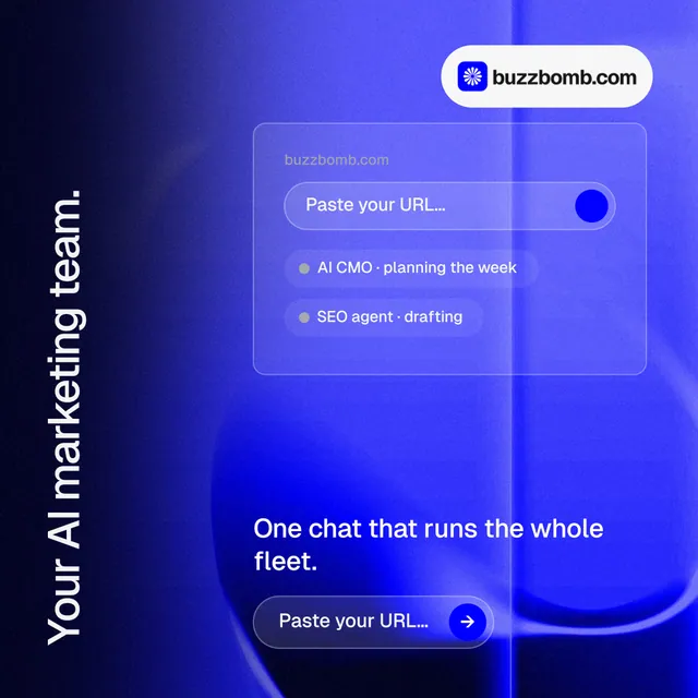 Instagram post for BuzzBomb: "Your AI marketing team." Agentic glass style, vertical layout, dark palette in blue.