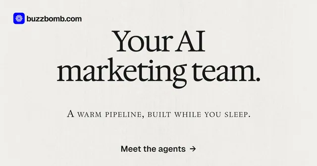 Social ad for BuzzBomb: "Your AI marketing team." Swiss style, smallcaps layout, light palette in white, grey.