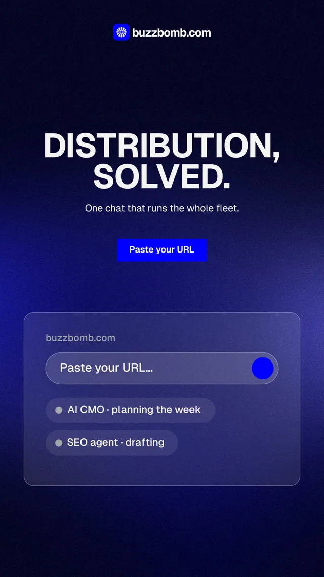 Instagram story for BuzzBomb: "Distribution, solved." Swiss style, centred layout, dark palette in black, blue.
