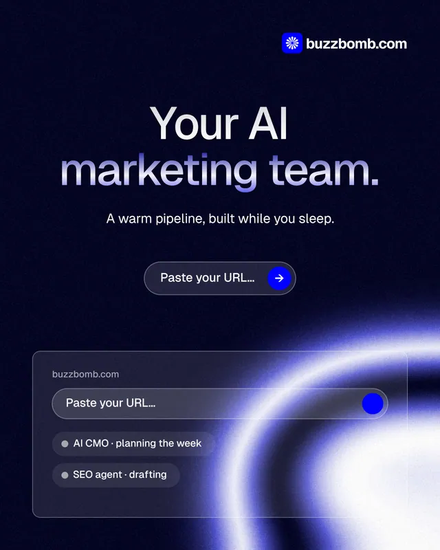 Instagram portrait post for BuzzBomb: "Your AI marketing team." Agentic glass style, centred layout, dark palette in black, blue.