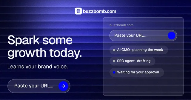 Social ad for BuzzBomb: "Spark some growth today." Agentic glass style, bottom layout, dark palette in blue, black.
