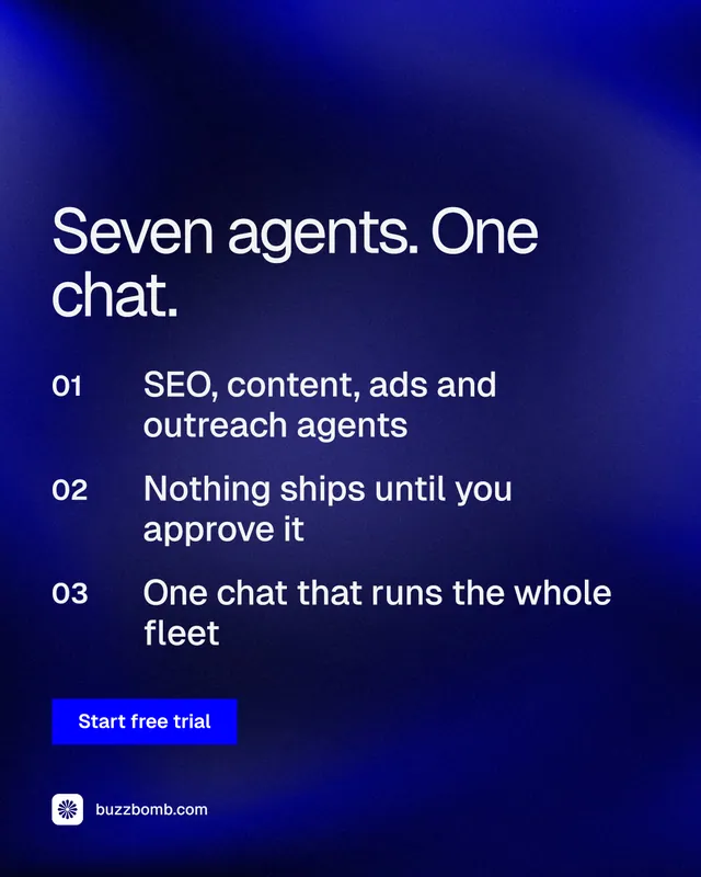 Instagram portrait post for BuzzBomb: "Seven agents. One chat." Swiss style, numbered layout, dark palette in blue.