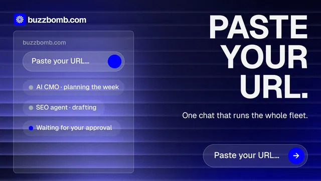 Landscape graphic for BuzzBomb: "Paste your URL." Agentic glass style, right layout, dark palette in blue.