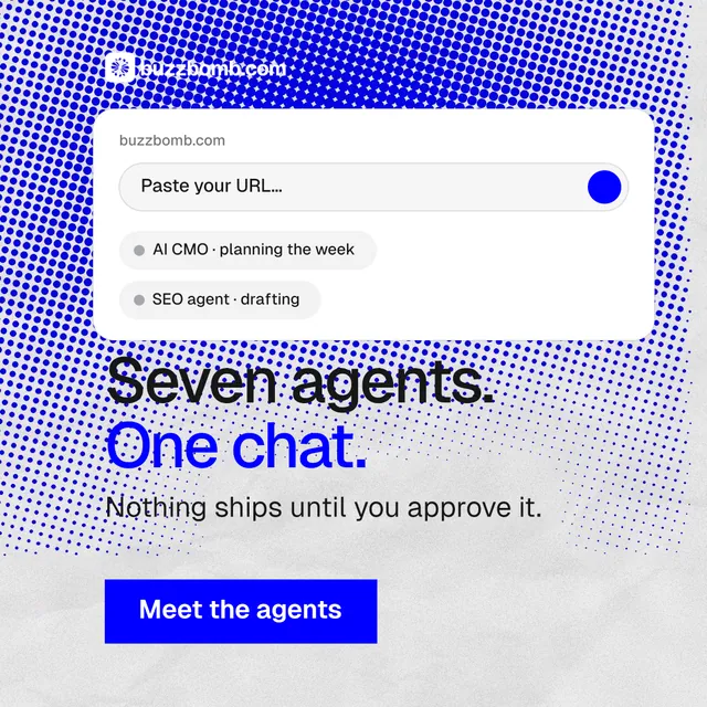 Instagram post for BuzzBomb: "Seven agents. One chat." Swiss style, skeleton layout, light palette in white, blue.