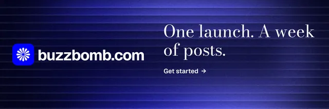 X header for BuzzBomb: "One launch. A week of posts." Minimal luxury style, logo hero layout, dark palette in black, blue.