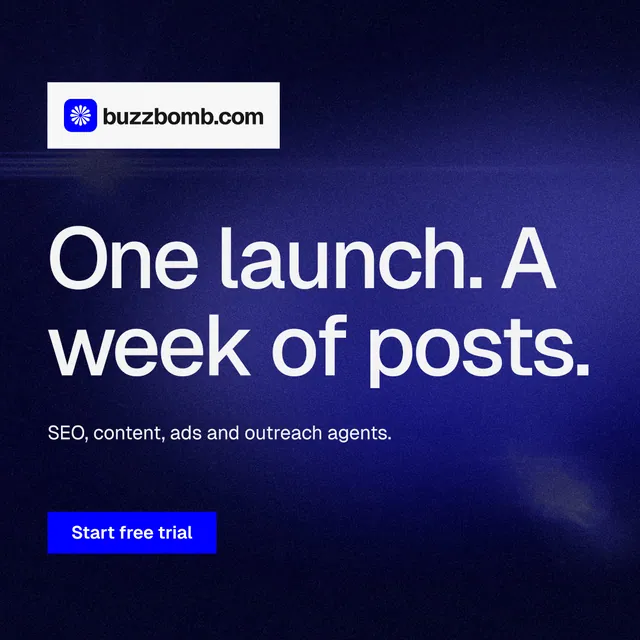 Instagram post for BuzzBomb: "One launch. A week of posts." Swiss style, announce layout, dark palette in blue, black.