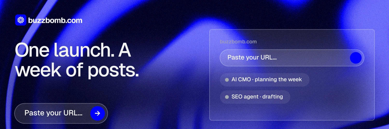 X header for BuzzBomb: "One launch. A week of posts." Agentic glass style, bottom layout, dark palette in blue.