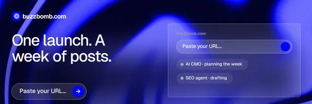 X header for BuzzBomb: "One launch. A week of posts." Agentic glass style, bottom layout, dark palette in blue.