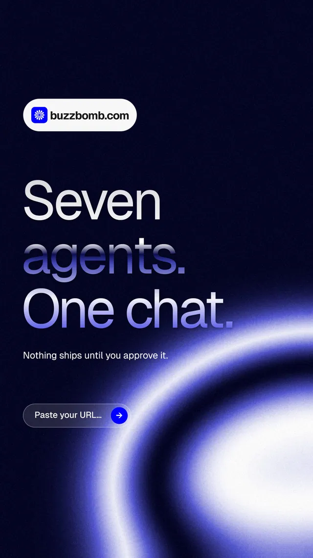 Instagram story for BuzzBomb: "Seven agents. One chat." Agentic glass style, announce layout, dark palette in black, blue.
