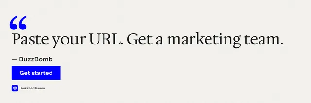 X header for BuzzBomb: "Get a marketing team." Swiss style, quote layout, light palette in white.
