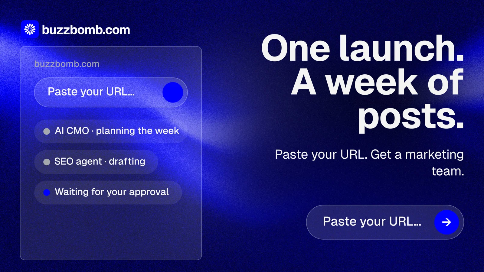 Landscape graphic for BuzzBomb: "One launch. A week of posts." Agentic glass style, right layout, dark palette in blue.