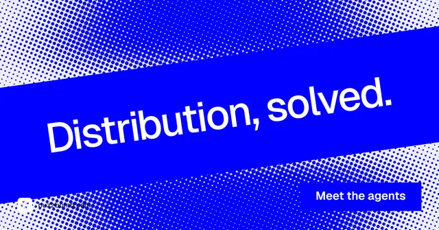 Social ad for BuzzBomb: "Distribution, solved." Swiss style, diagonal layout, dark palette in blue.