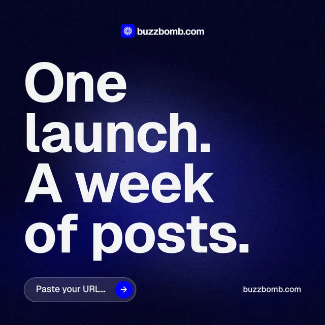 Instagram post for BuzzBomb: "One launch. A week of posts." Agentic glass style, poster layout, dark palette in blue, black, grey.