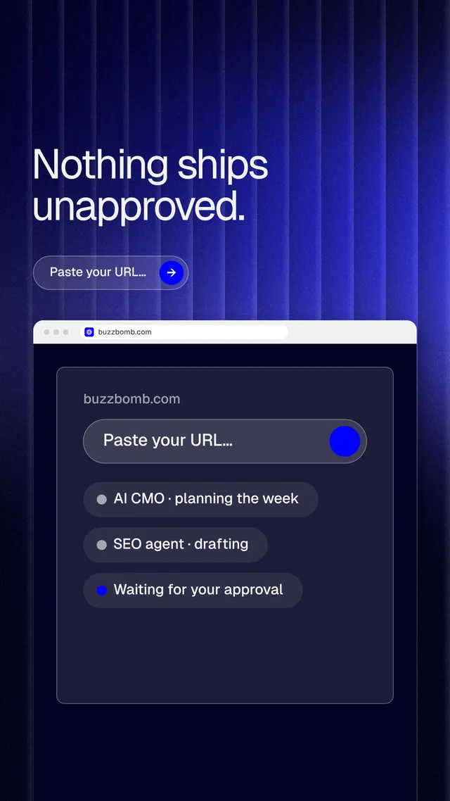 Instagram story for BuzzBomb: "Nothing ships unapproved." Agentic glass style, browser layout, dark palette in blue, black, grey.