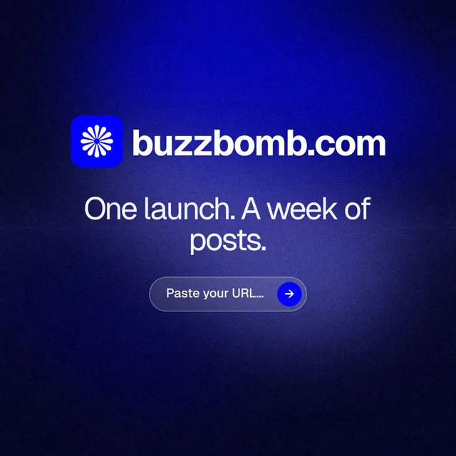 Instagram post for BuzzBomb: "One launch. A week of posts." Agentic glass style, logo hero layout, dark palette in black, blue.