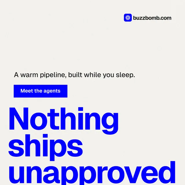 Instagram post for BuzzBomb: "Your AI marketing team." Swiss style, oversized layout, light palette in white, blue.