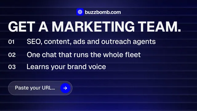 Landscape graphic for BuzzBomb: "Get a marketing team." Agentic glass style, numbered layout, dark palette in black, blue, grey.