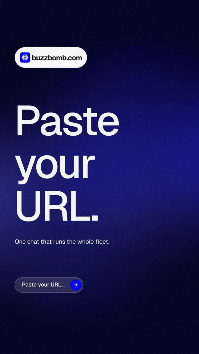 Instagram story for BuzzBomb: "Paste your URL." Agentic glass style, announce layout, dark palette in black, blue, grey.
