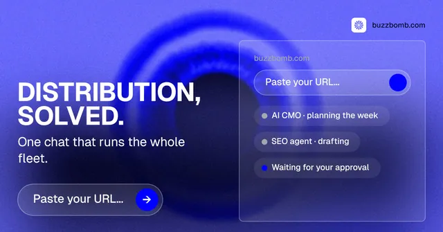 Social ad for BuzzBomb: "Distribution, solved." Agentic glass style, bottom layout, dark palette in blue.