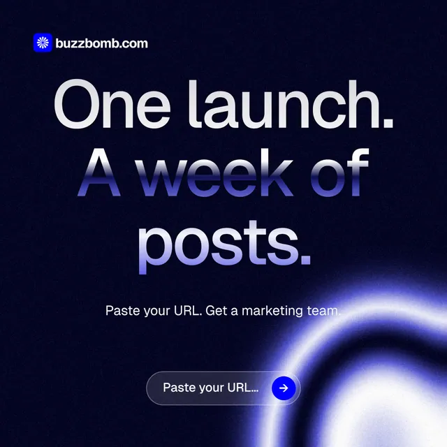 Instagram post for BuzzBomb: "One launch. A week of posts." Agentic glass style, centred layout, dark palette in black, blue.