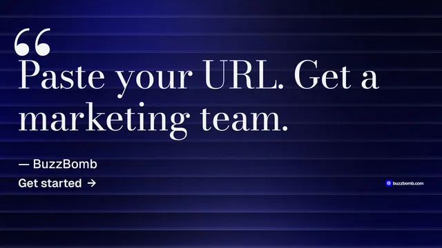 Landscape graphic for BuzzBomb: "Get a marketing team." Minimal luxury style, quote layout, dark palette in black, blue, grey.