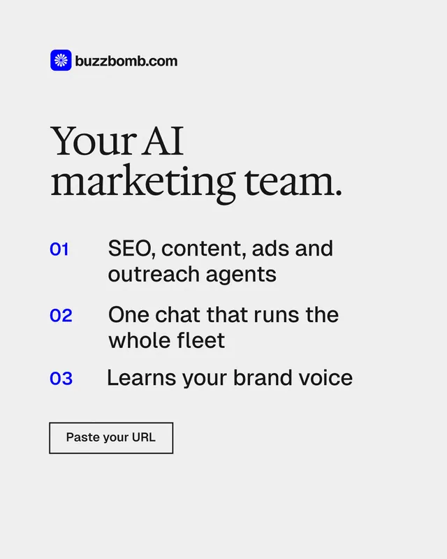 Instagram portrait post for BuzzBomb: "Your AI marketing team." Editorial style, numbered layout, light palette in white, grey.